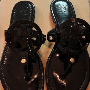 TORY BURCH black Miller Patent Leather Thong Sandals